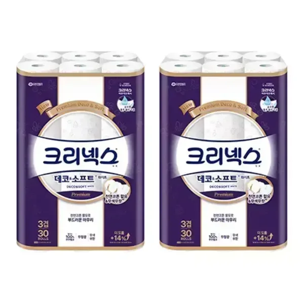 크리넥스 천연펄프 3겹 데코앤소프트 화이트, 25m, 30롤, 2개