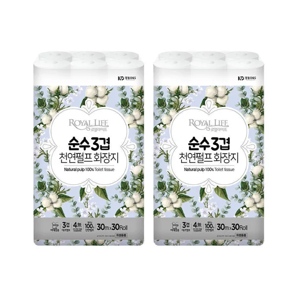 로얄라이프 천연펄프 화장지 순수 3겹(30m 30롤) 2팩