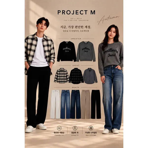 프로젝트엠 F/W 간절기 슬랙스/데님/플란넬셔츠/케이블니트 등 11종택1