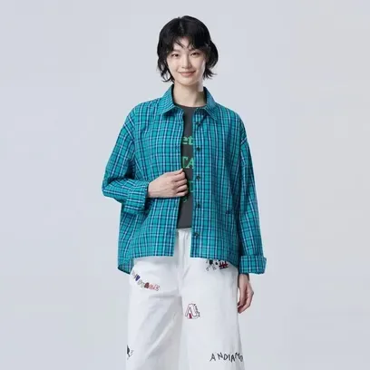 B 자수 체크 블라우스_BABLE1641GN