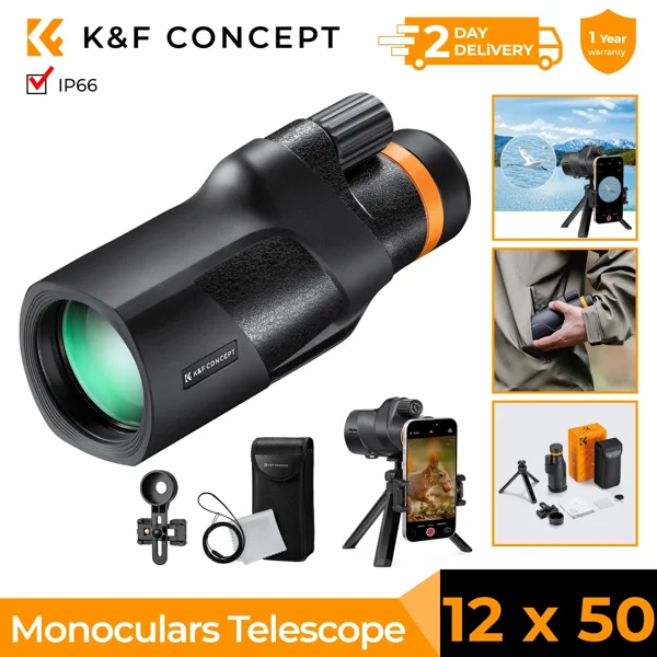 K&F Concept 12X50 단안 망원경 IP66 방수 HD BAK4 단안 조류 관찰 사냥 여행 전화 홀더 삼각대