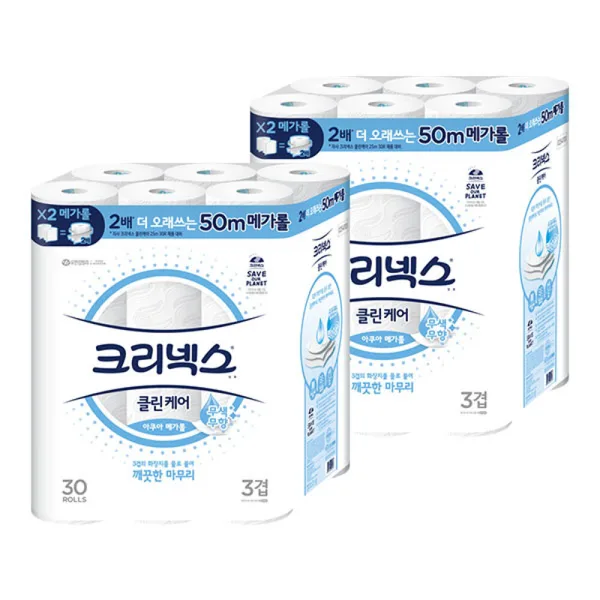 크리넥스 천연펄프 3겹 클린케어 아쿠아 메가롤, 50m, 30롤, 2개