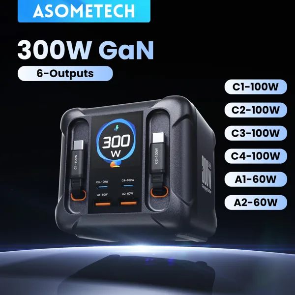 ASOMETECH 300W GaN USB 충전기 LED 디스플레이 접이식 타입 C 케이블 100W 65W PD3.0 PPS 고속 충전 스테이션 (맥북, 삼성용)